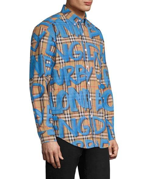 brown and blue burberry graffiti shirt|burberry long sleeve shirts.